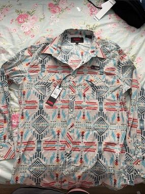 Men's Aztec-Pattern Button-Down Shirt - Beige with Turquoise & Red Accents